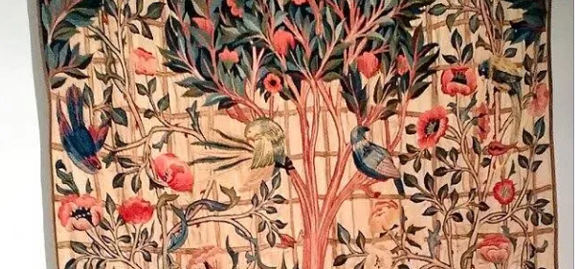 Designed by May Morris, stitched by Morris & Co. embroidery workshop, Curtains for William Morris’s bed, Kelmscott Manor 1891, Kelmscott Manor/Society of Antiquaries, Wikimedia Commons (Andy Scott)
