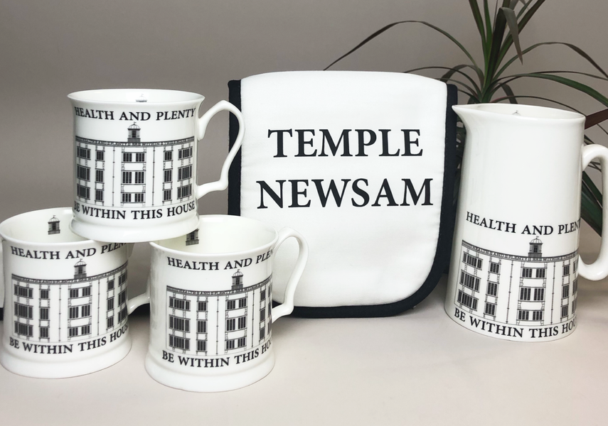 A collection of mugs, oven gloves and jugs with Temple Newsam House on