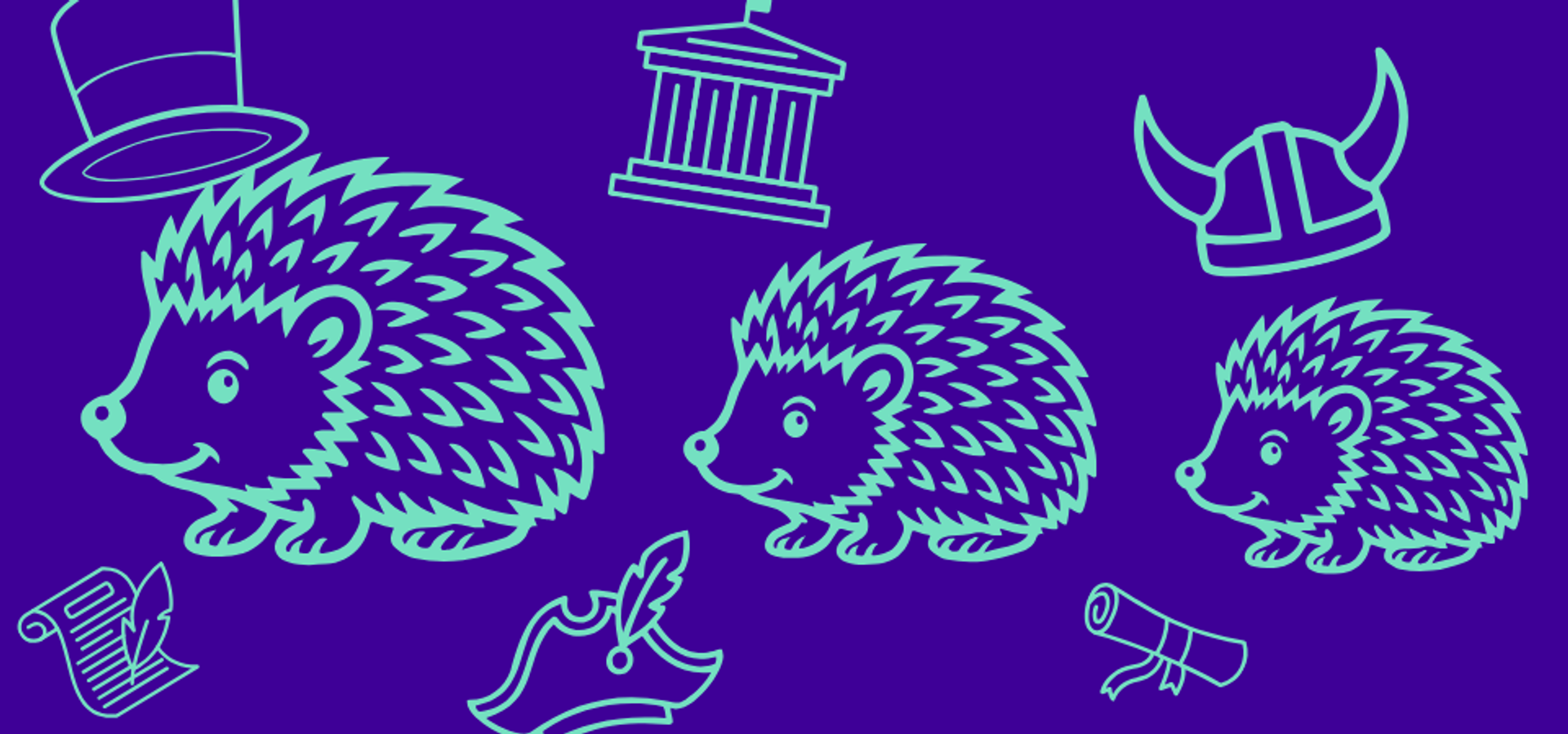 3 teal hedgehog outlines with teal historic hats, buildings and scrolls on a blue background