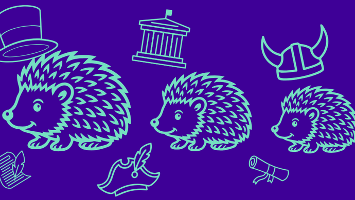3 teal hedgehog outlines with teal historic hats, buildings and scrolls on a blue background