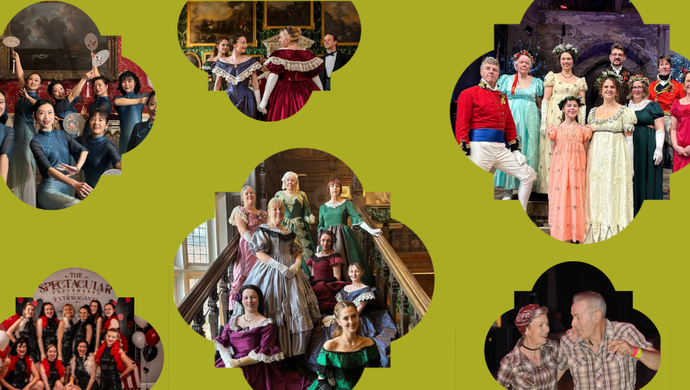 A collage of images of historic and modern dancers in costume