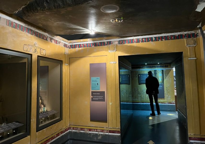 Displays of Egyptian artefacts kept under dim lighting.