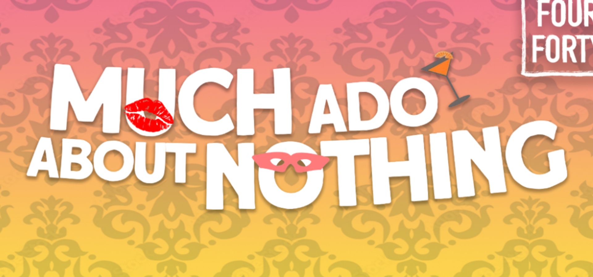 The title of the plays, Much Ado About Nothing and Macbeth, in front of a yellow and pink background