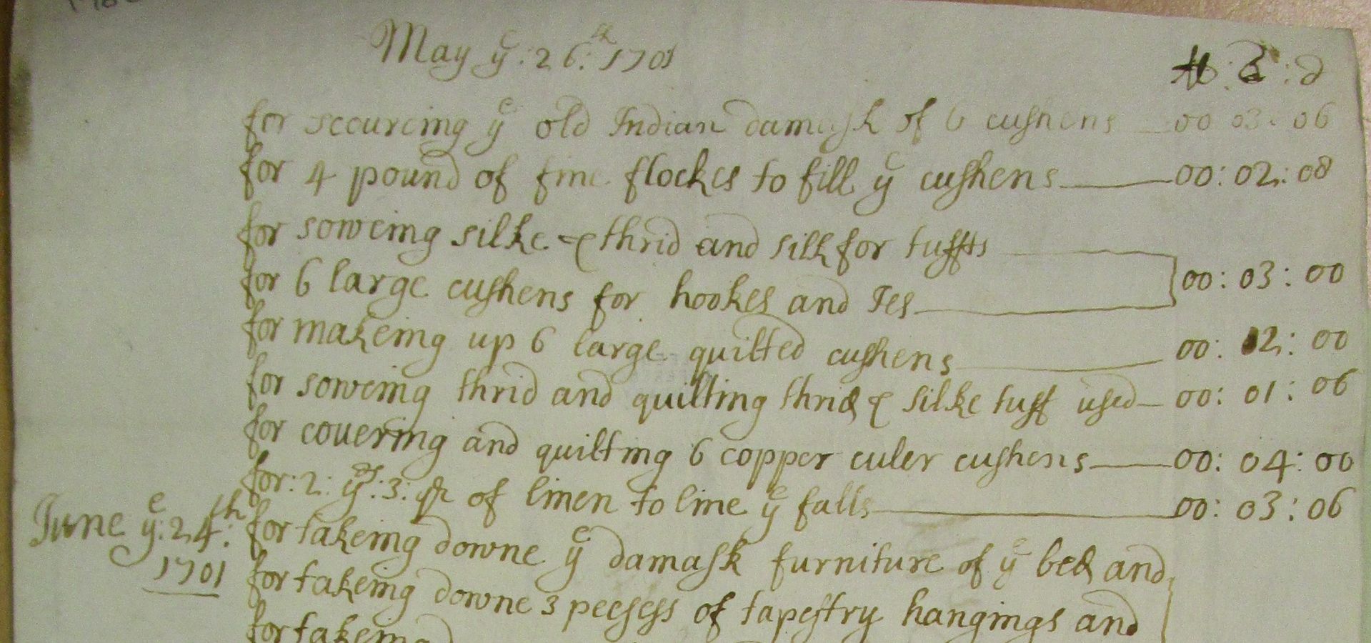 A long hand-written receipt from 1703 Temple Newsam purchasing textiles