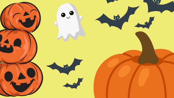 pumpkin, ghosts and bat motifs on a yellow background