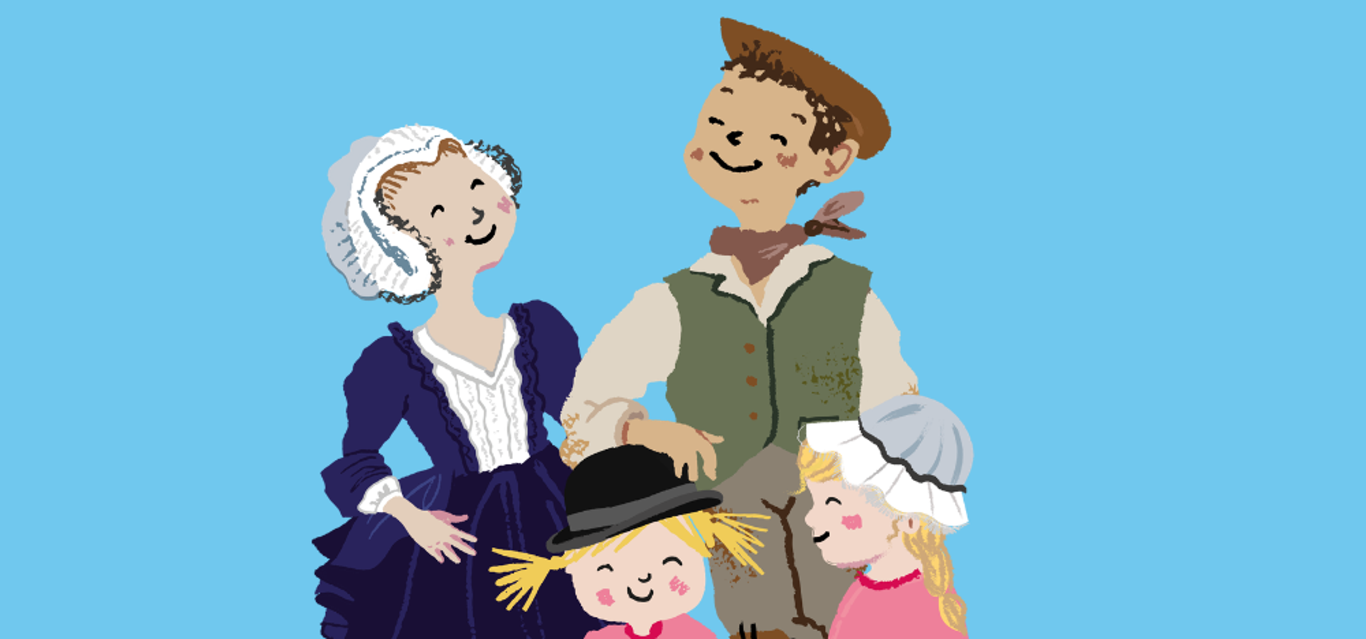 An illustration of a man and woman and two children with blonde hair all wearing hats on a blue background