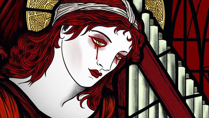 an illustration of a person with bleeding eyes and red hair