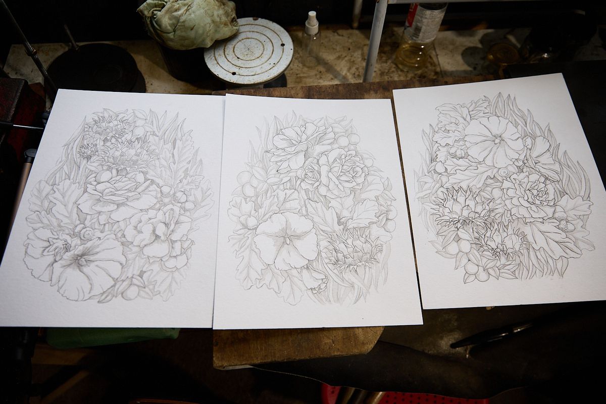 Floral sketches by artist Yusuke Yamamoto for Reflections in Silver