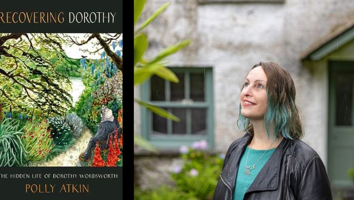 Polly Atkin and a copy of her book Recovery Dorothy