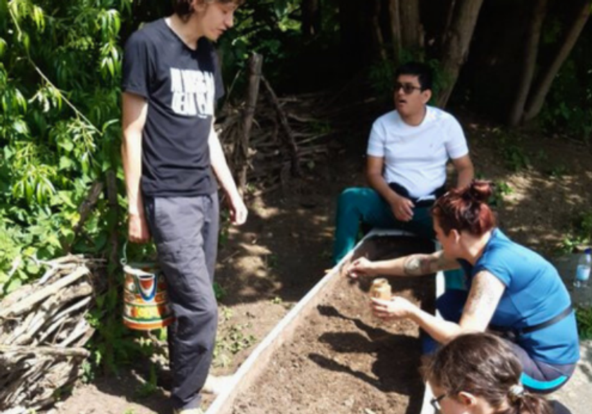 A group of young people surround and plant a flower bed together during gardening work experience.