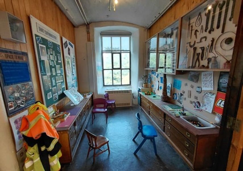 Photo of room with wooden walls and displays on wall