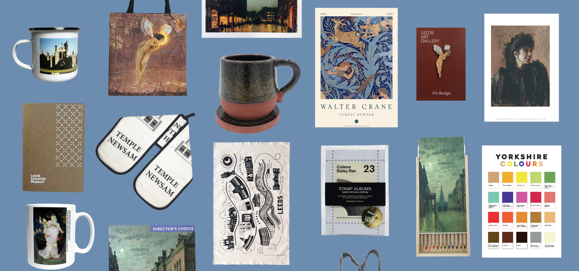 a blue background with a range of products only available from Leeds Museums and Galleries