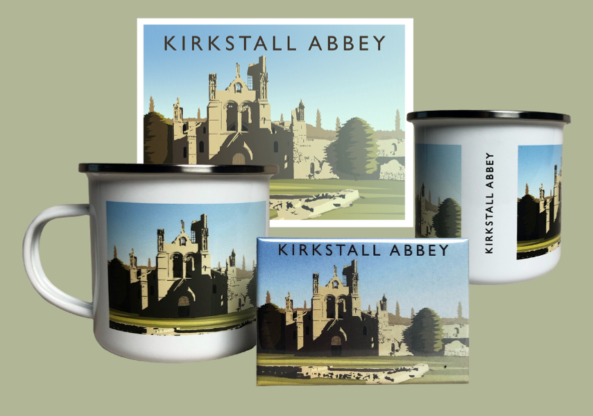 Two mugs,a magnet and a print with an image of Kirkstall Abbey on