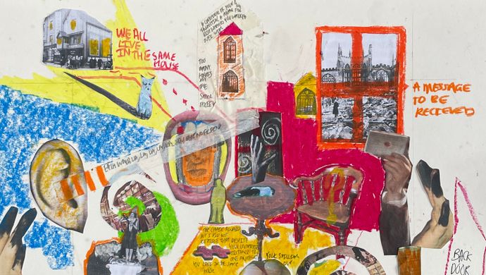 A collage of images and pastel drawings by Hannah Guy