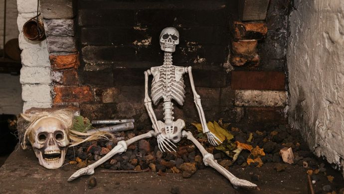 Skeleton sat in front of a fireplace
