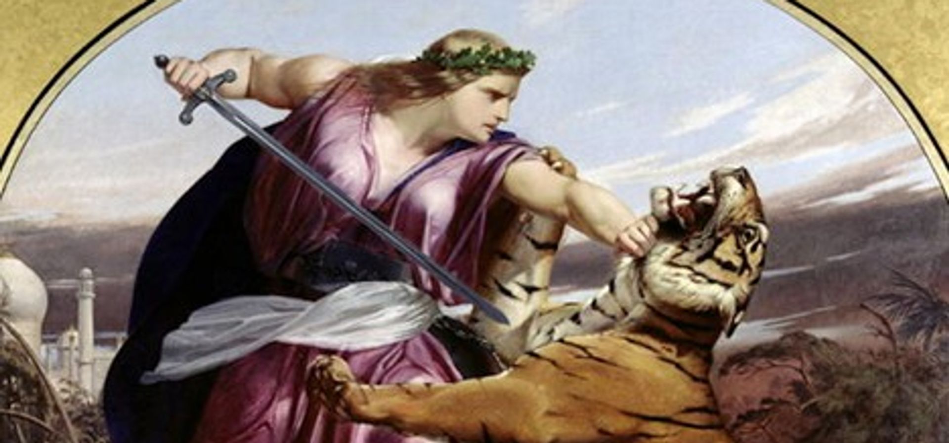 Edward Armitage's Retribution, a figure slaying a tiger with a sword and an injured woman and child below