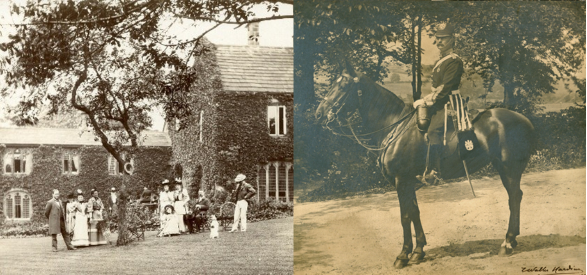Two black and white images, one of Colonel Harding on a horse and another if him with his family in front of Abbey House Museum