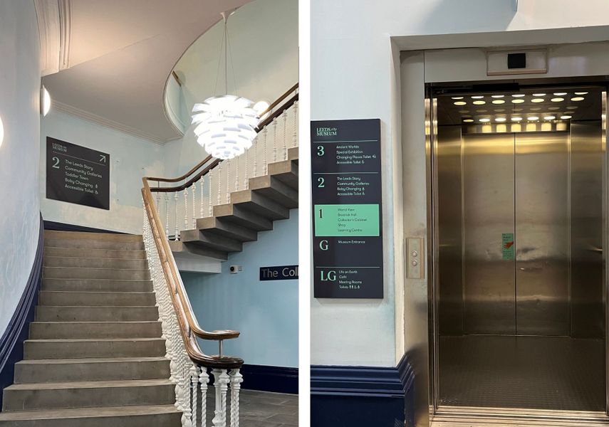 A double image of locations within Leeds City Museum: on the left are the stairs between the first and second floors, on the right is the first floor lift.