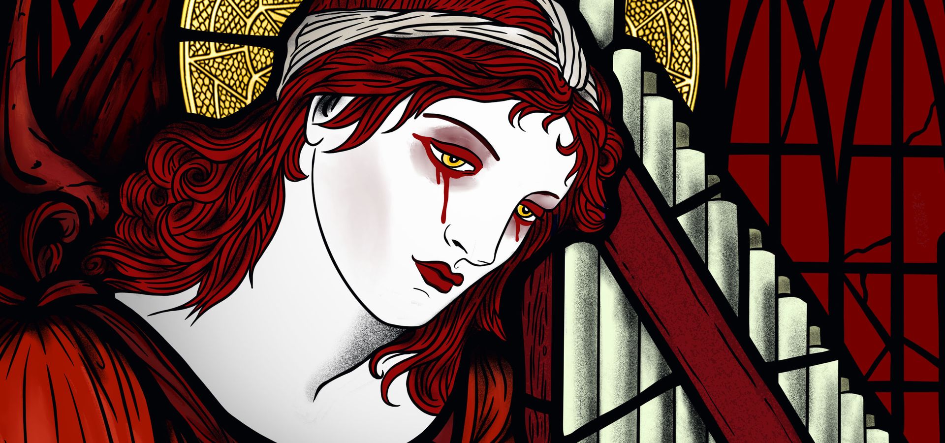 an illustration of a person with bleeding eyes and red hair