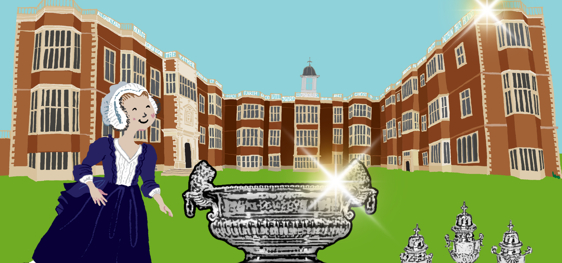 An illustration of Temple Newsam House with a servant and large silverware sparkling