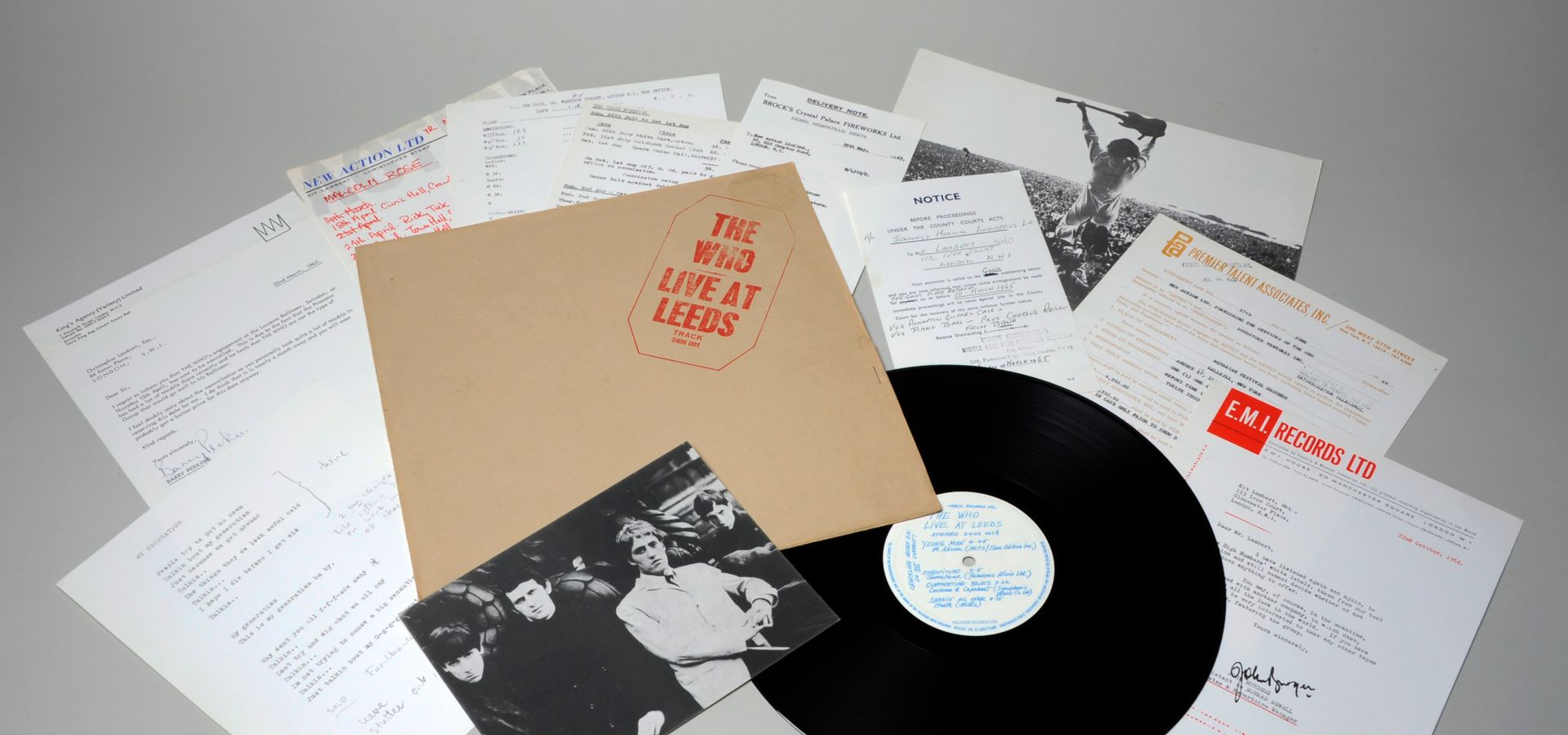 A vinyl record, sleeve and documents from The Who - Live at Leeds recording