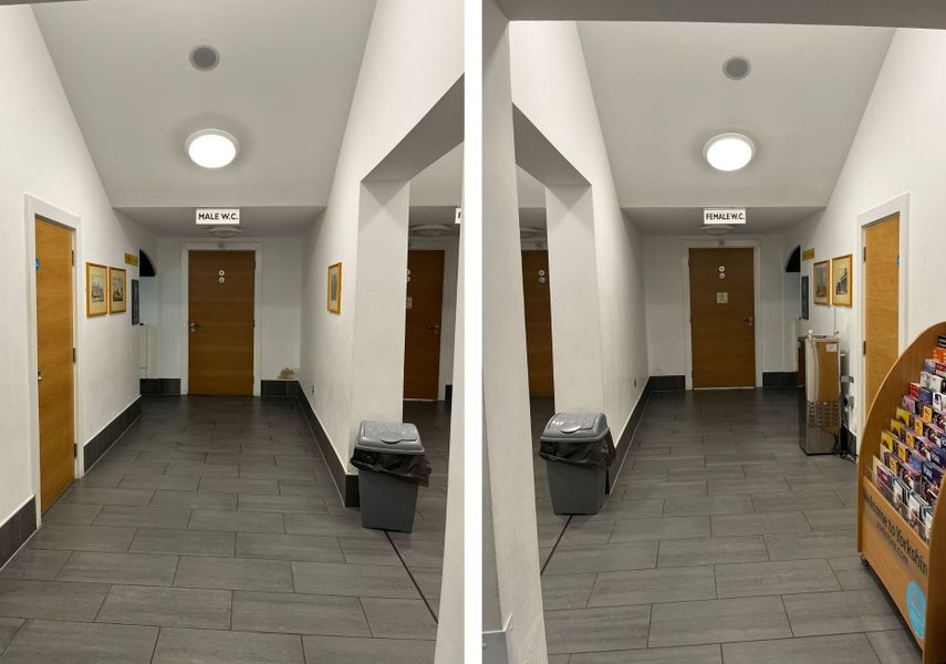 A double image of locations in Leeds City Museum: the left on shows a hallway with  