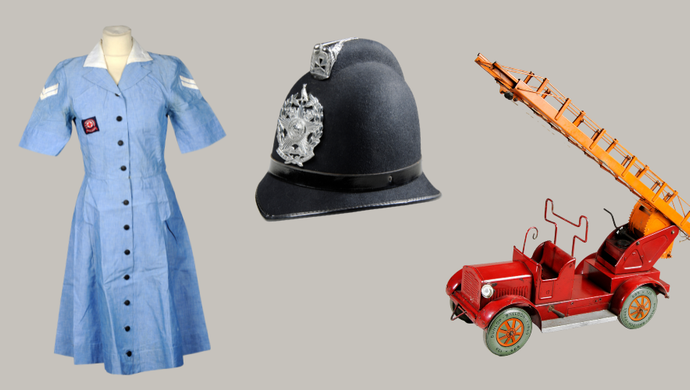 A nurse uniform, police helmet and model fire engine
