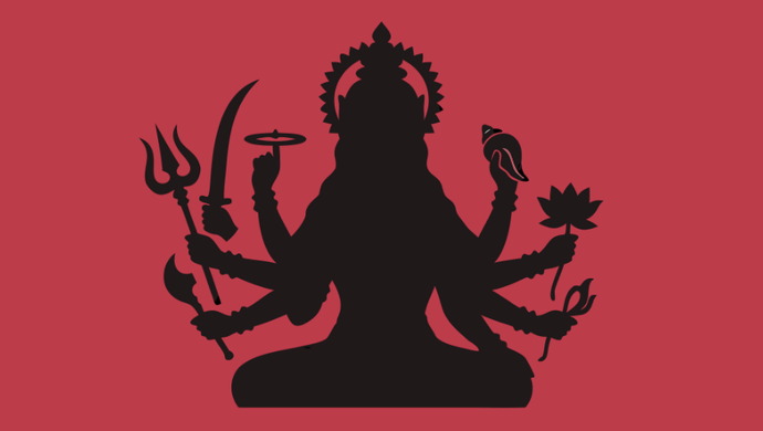 A black silhouette of Durga, She is shown with multiple arms. Each hand holds a weapon given to her by a different god.