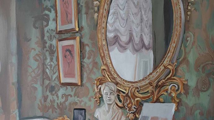 A gouache painting of the interior of Lotherton Hall, with an ornate desk, round mirror and decor