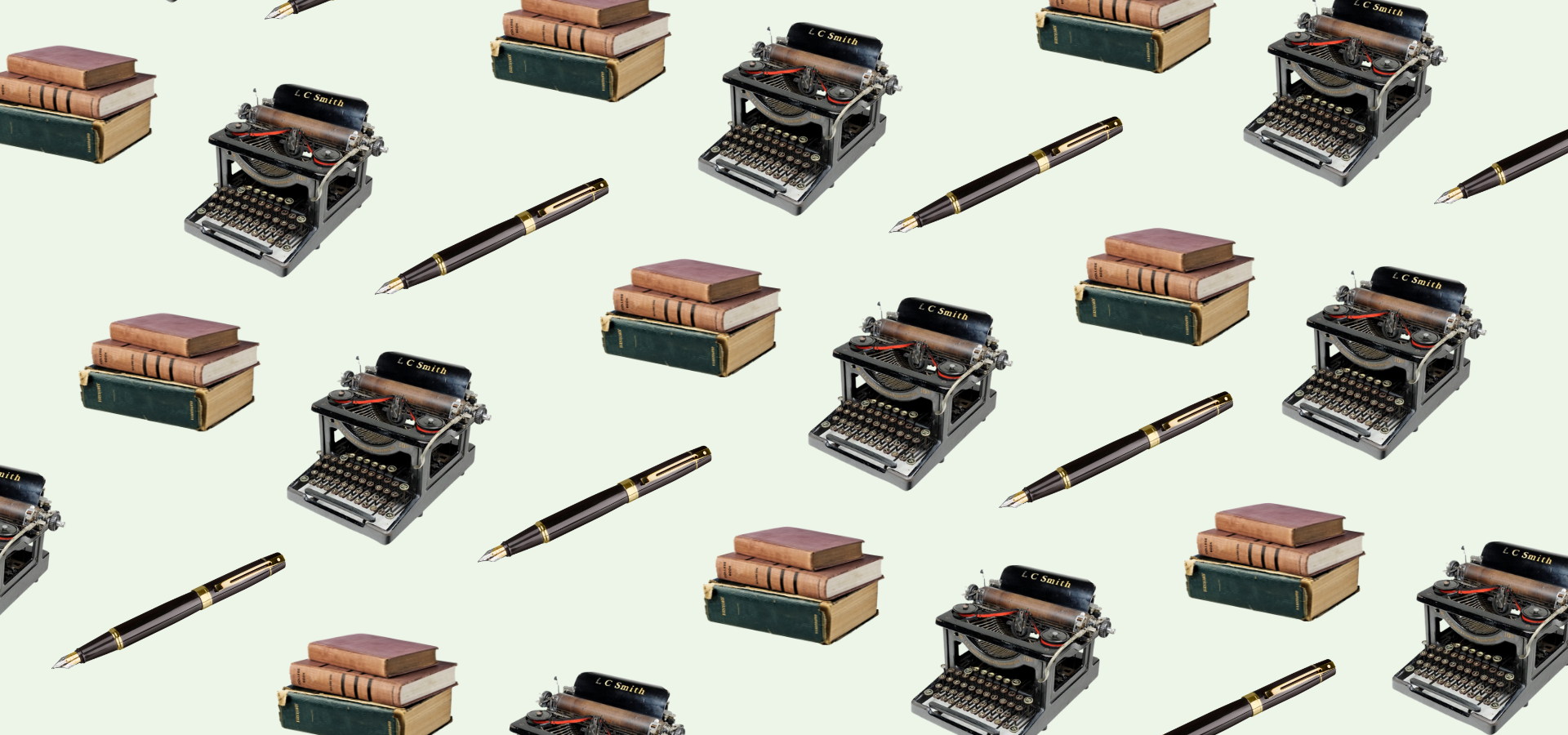 A typewriter, pen and stack of books repeated