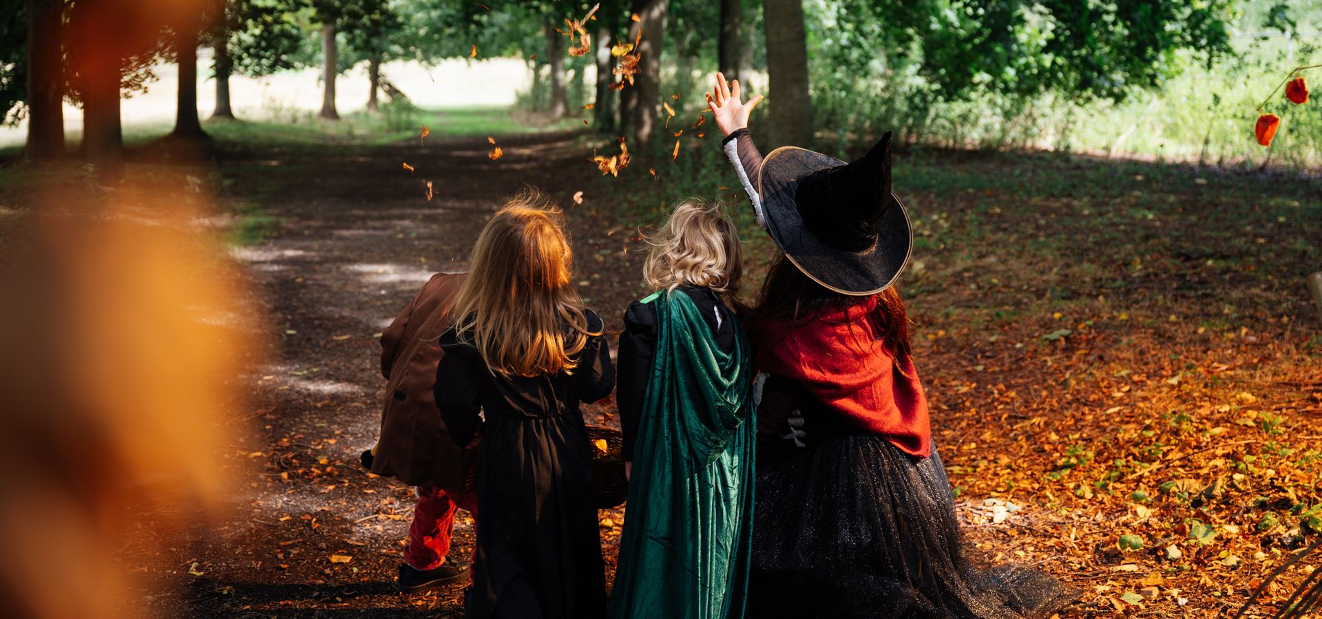 an adult in a witches hat with two children throwing leaves in the air