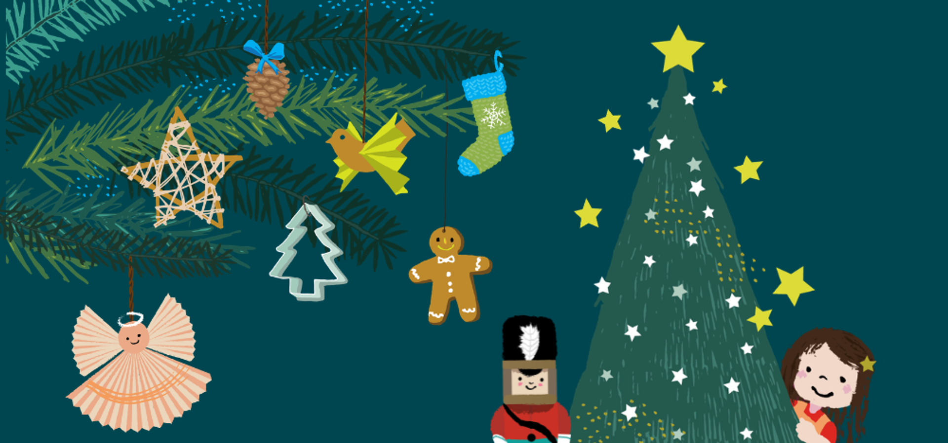 Christmas baubles like gingerbreadmen, paper angels and stocking hanging from branches