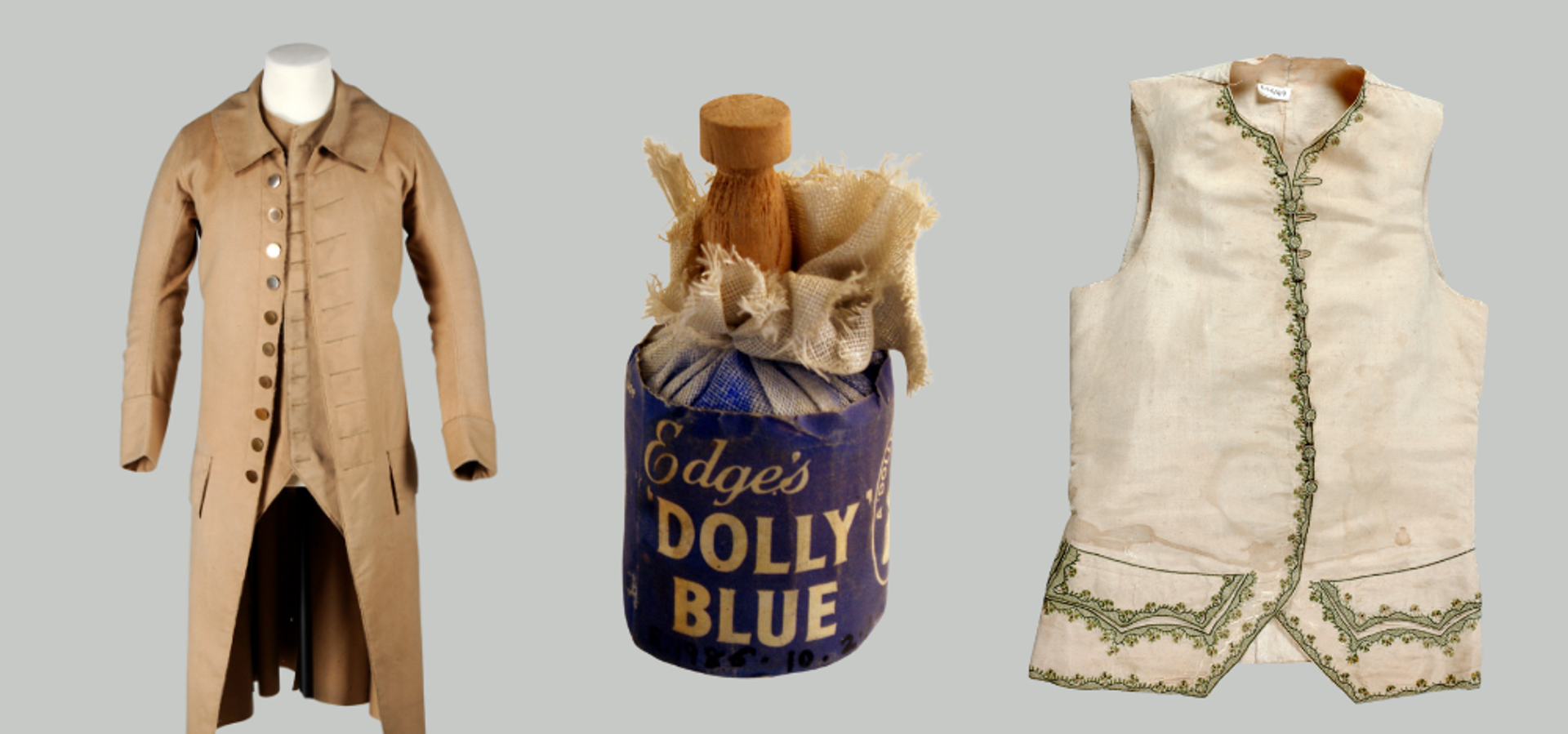 A jacket and waistcoat from 1770, a waistcoat from 1760 and a bottle of dolly blue