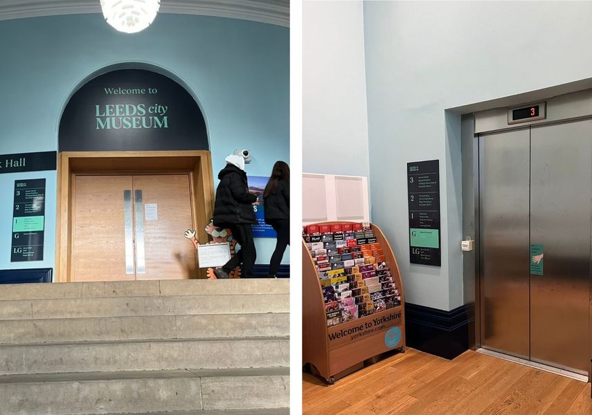 A double image of locations in Leeds City Museum: on the left are the stairs from the Ground to the First floor with Brodrick Hall at the top and on the right is the Ground Floor lift