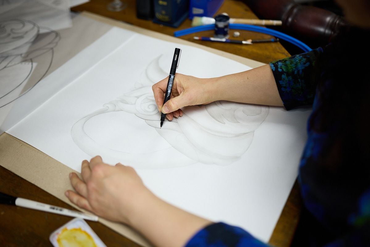 Miriam Hanid sketching designs for silver commission for Reflections in Silver