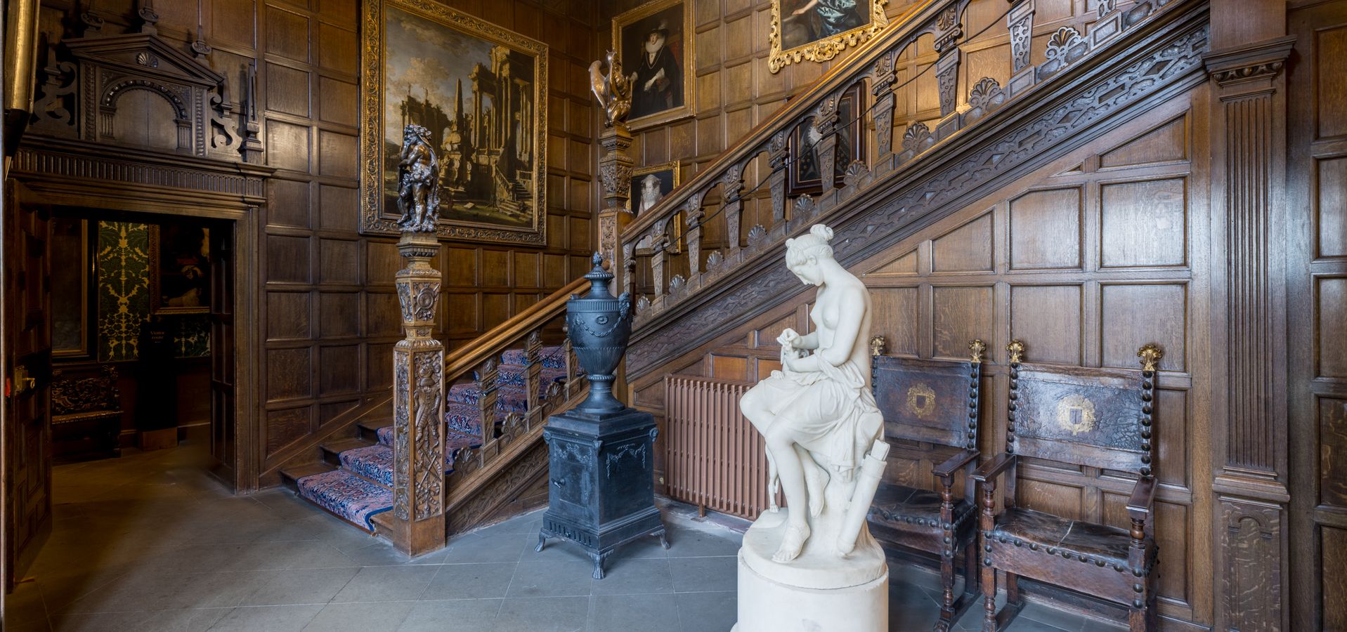 The stairway at Temple Newsam with sculpture and paintings surrounding