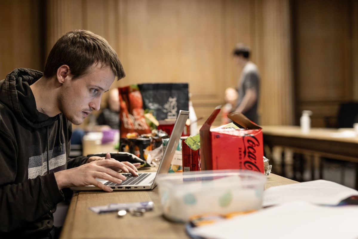 Photograph of a volunteer working on a laptop