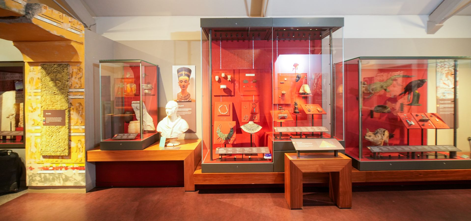 A wide shot photograph of many of the Egyptian displays in the Leeds City Museum