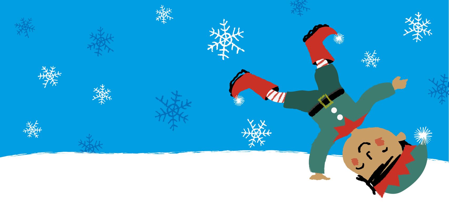 A elf illustration doing a cartwheel across a floor of snow with snowflakes in the background