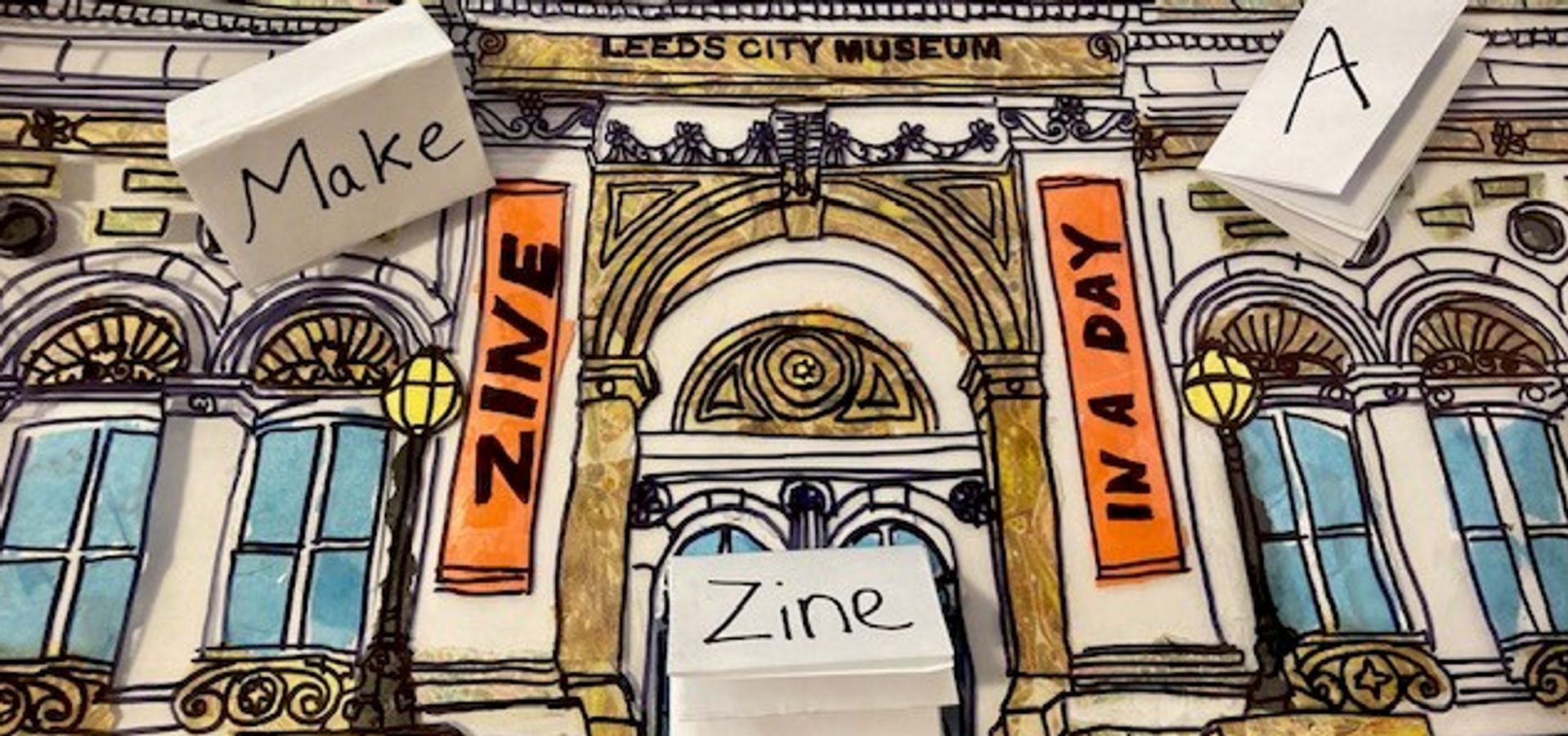A drawing of a building with Make A Zine written on it