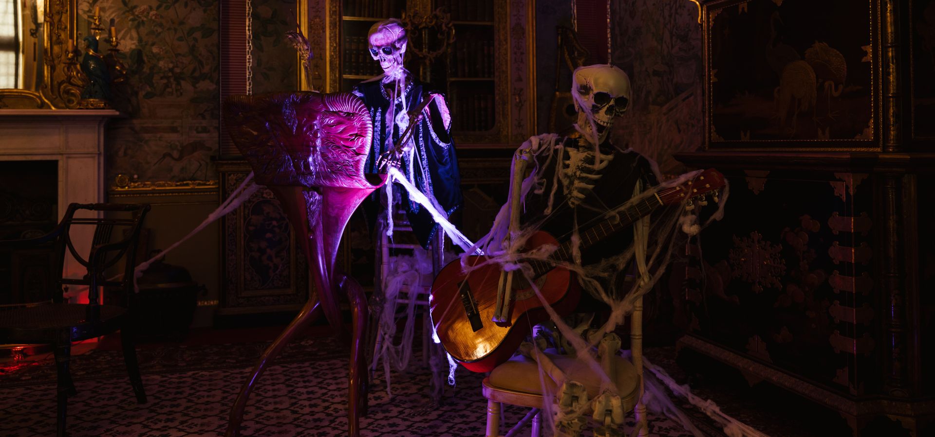Two skeletons in fancy dress light up with pink lights