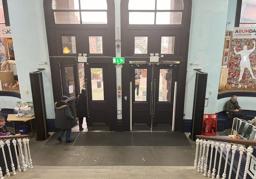 The entrance and exit doors to Leeds City Museum.