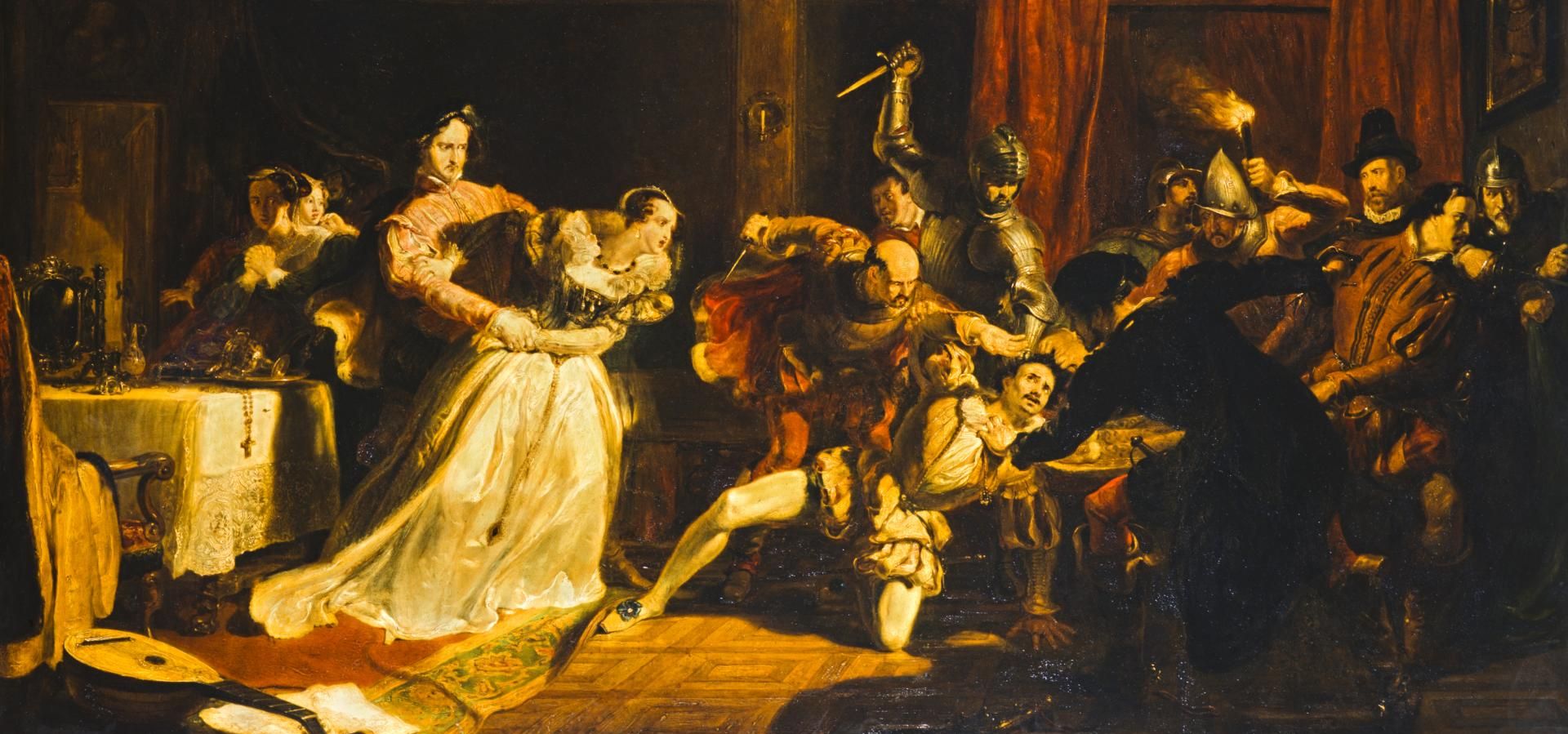 The Murder of David Rizzio painting depicting a Tudor fight in an old Tudor house