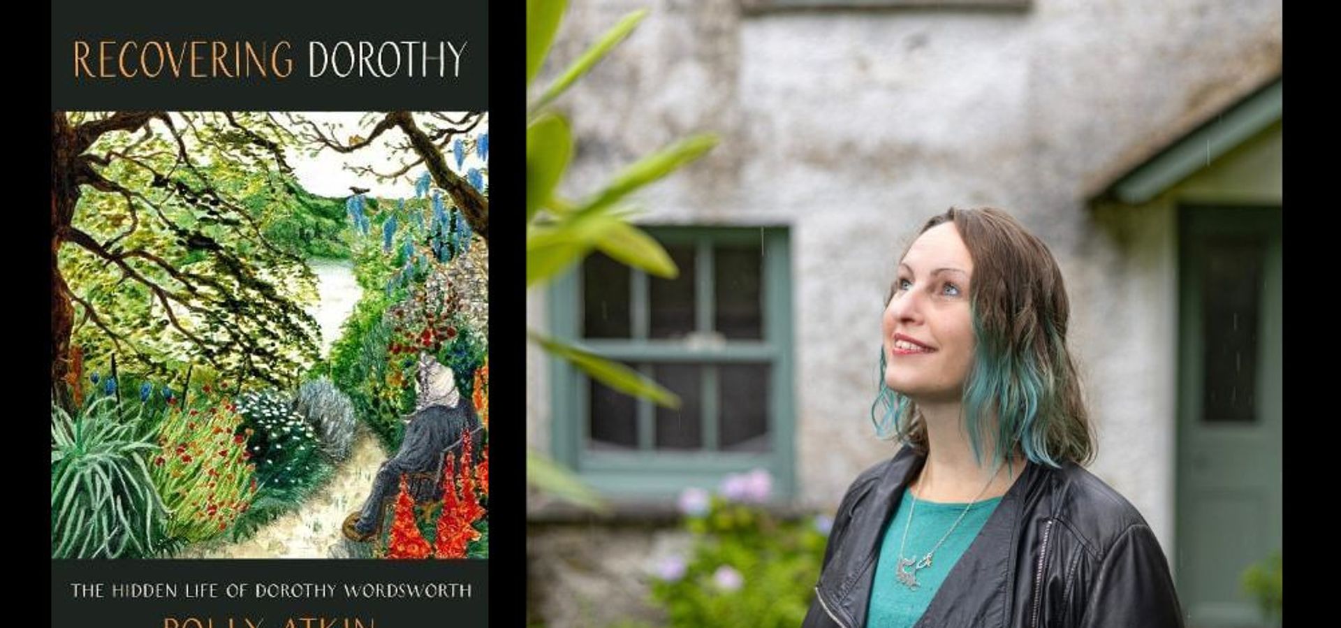 Polly Atkin and a copy of her book Recovery Dorothy