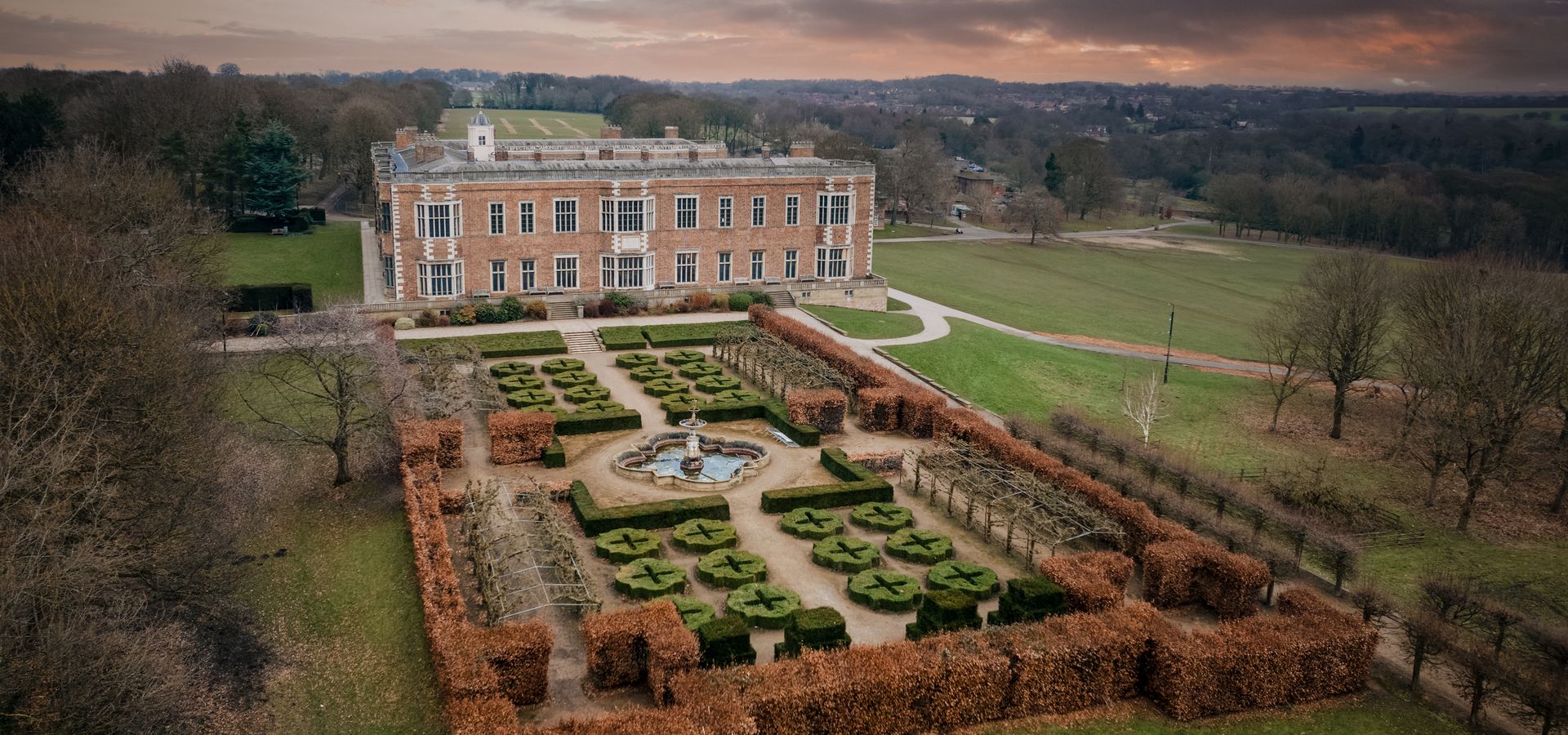 An ariel view of temple newsam terrace and garden