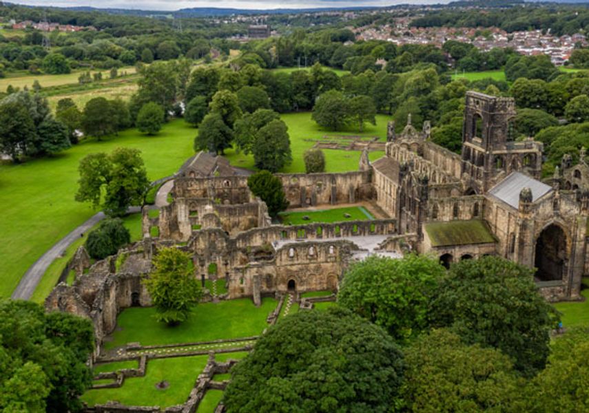 Aerial shot of kirkstall abbey and surrounding greenery