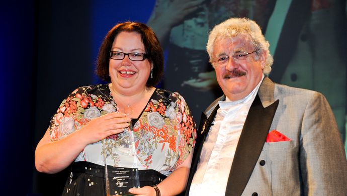 Picture of Lisa Holdsworth (with Bobby Knutt) winning the RTS Yorkshire Writer of the Year (2011) - Photo Credit Paul Harness, courtesy of Lisa Holdsworth