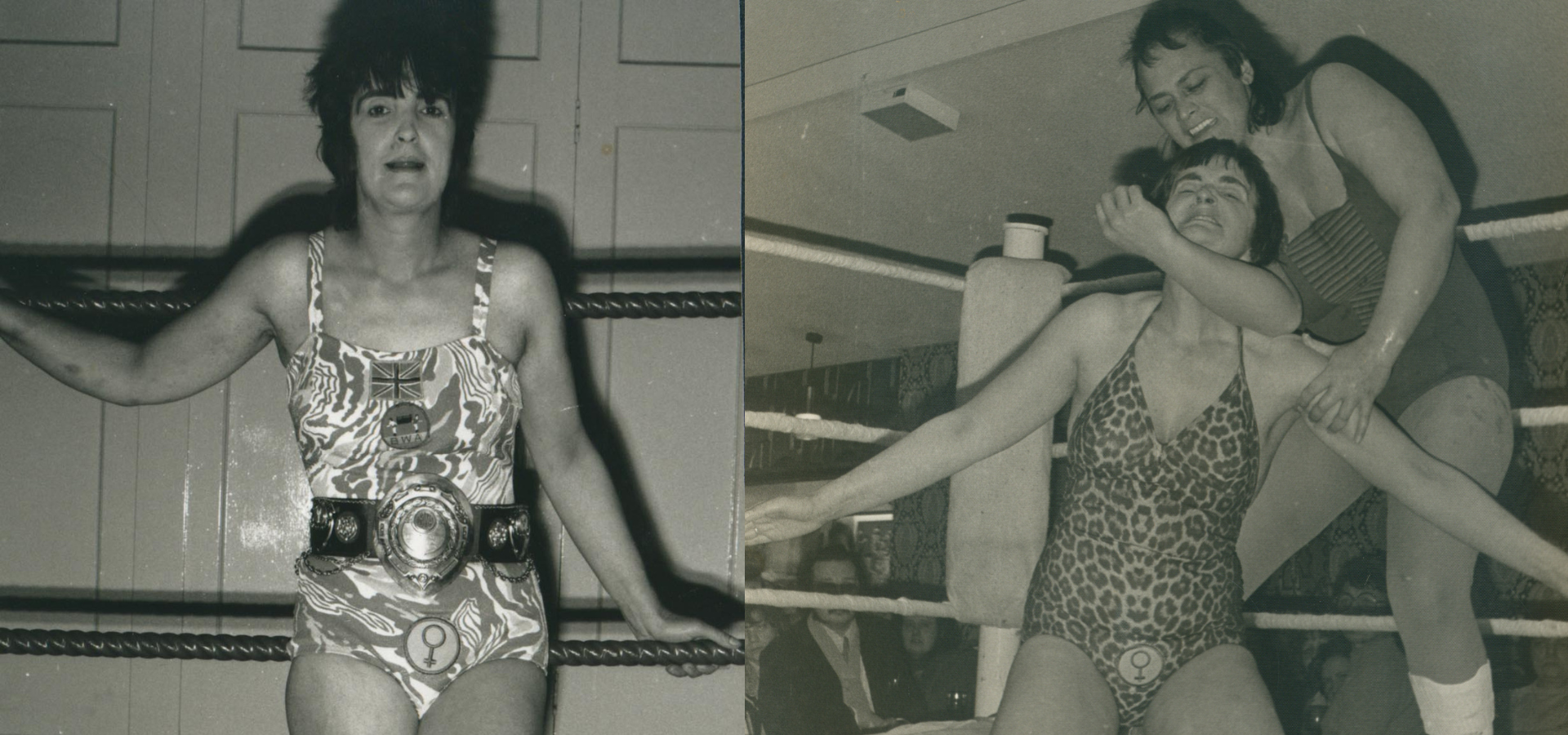 Two images of Sue Brittan in her wrestling costume