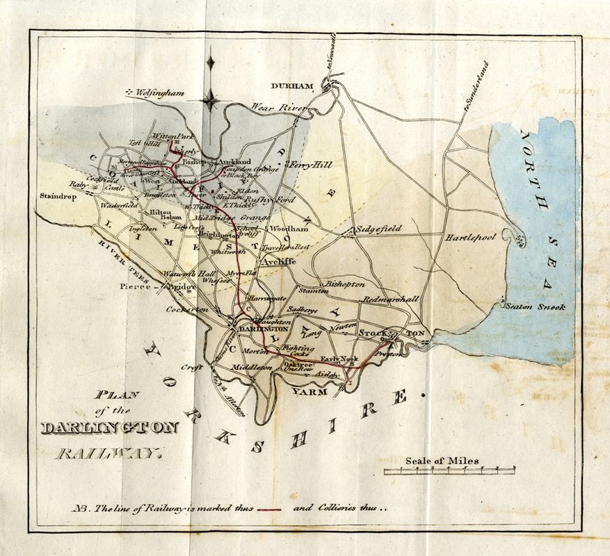Map of the original planned route of the Stockton and Darlington railway, taken from the prospectus of 1821. Source Wikimedia Commons.