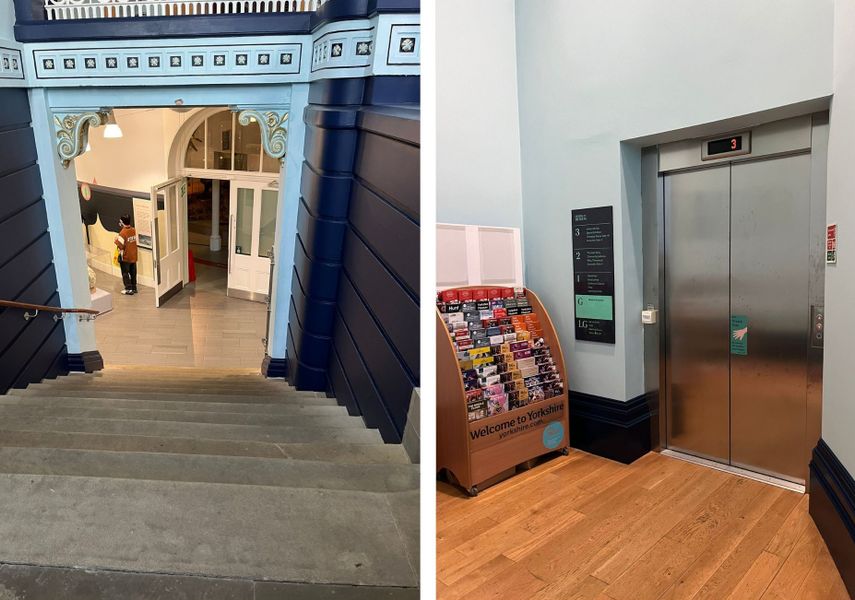 A double image showing locations in the Leeds City Museum. The left shows the stairs from the ground floor to the lower ground floor. The right shows the ground floor lift.